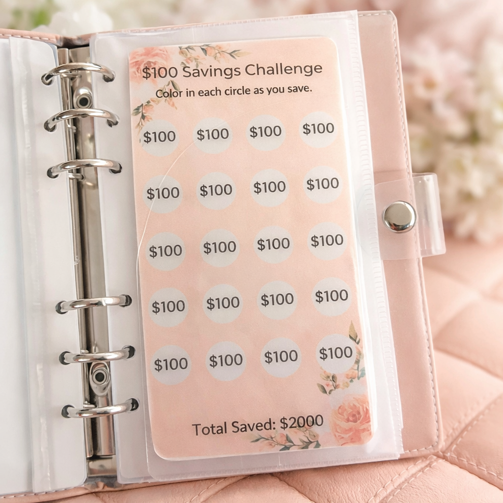 Savings challenge tracker with $100 labels in a planner on a pink surface.