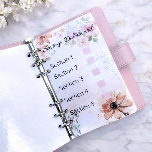 Planner with floral design and sections on a marble surface