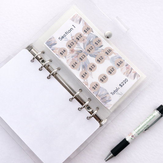 Planner with money management stickers and a pen on a white background