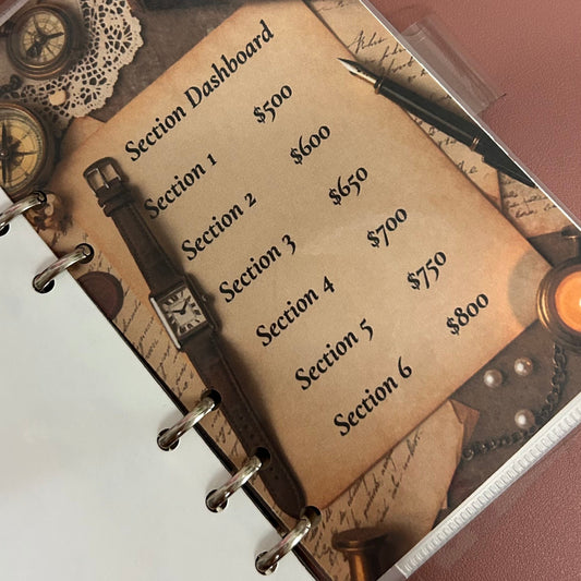 Notebook with price sections on a brown background