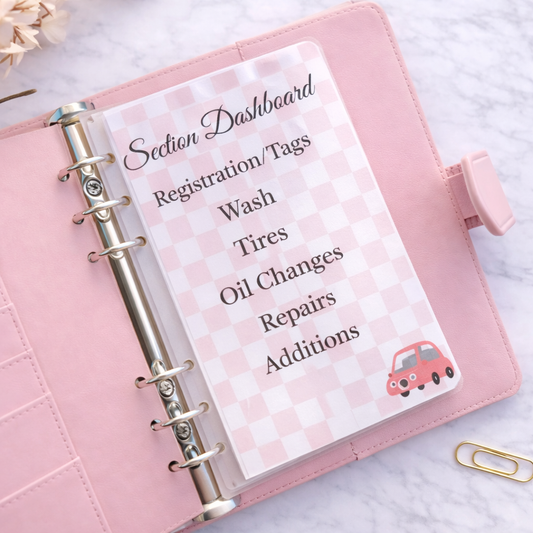 Pink dashboard planner with car icon and text on a light background