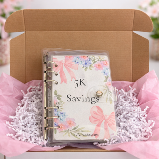 Floral-themed savings tracker in a box with pink tissue paper