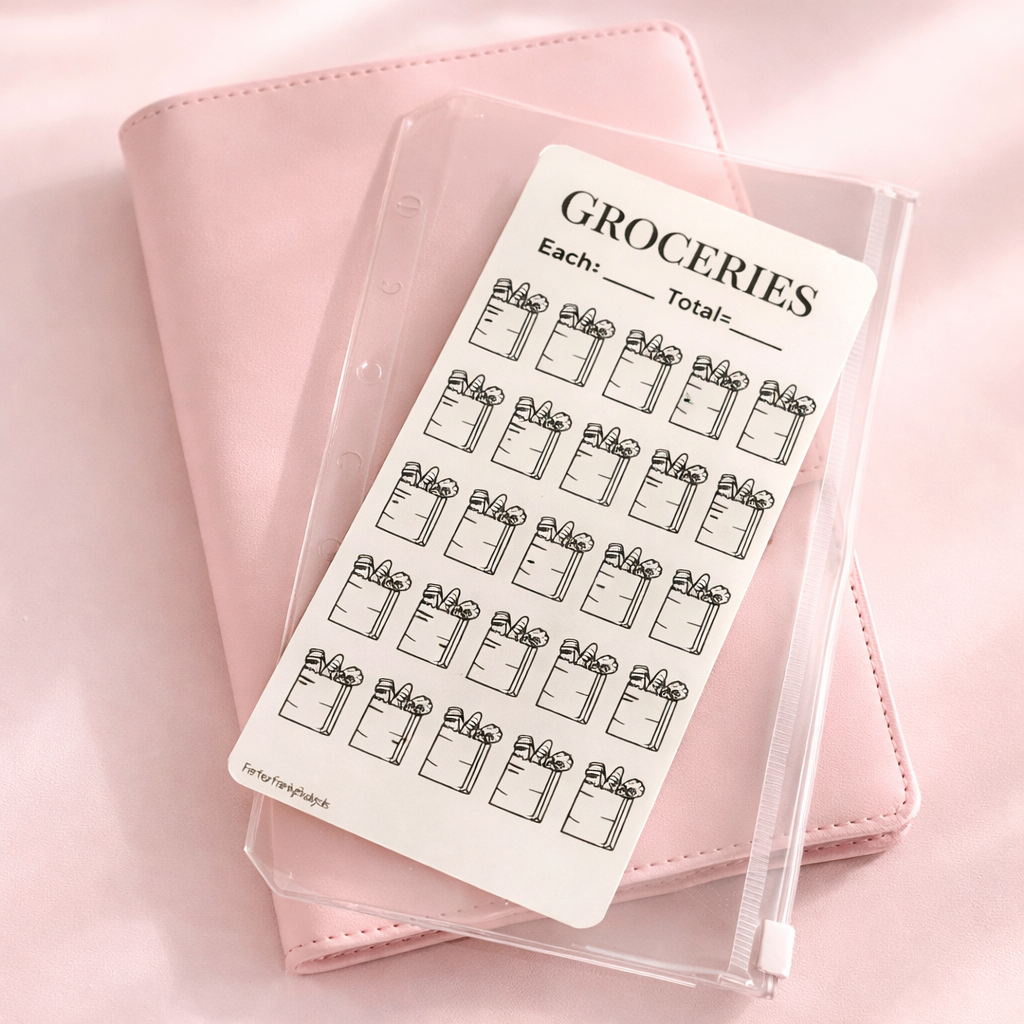 Sheet of grocery list stickers with a pink notebook on a pink background