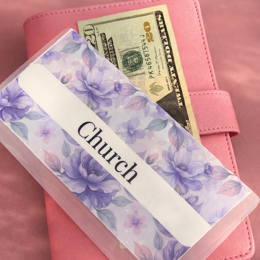 Pink wallet with floral cardholder labeled 'Church' and a $20 bill inside.