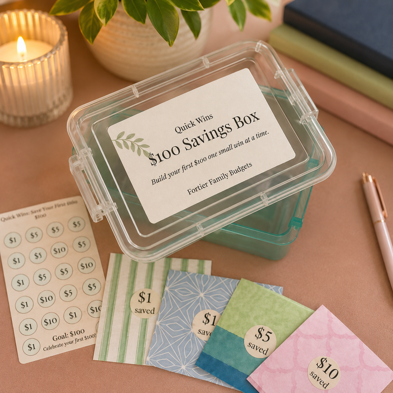 A clear plastic savings box with a white label reading '$100 Savings Box' sits on a pink tabletop, surrounded by small cash savings envelopes, a goal sticker sheet, a lit candle, and notebooks.