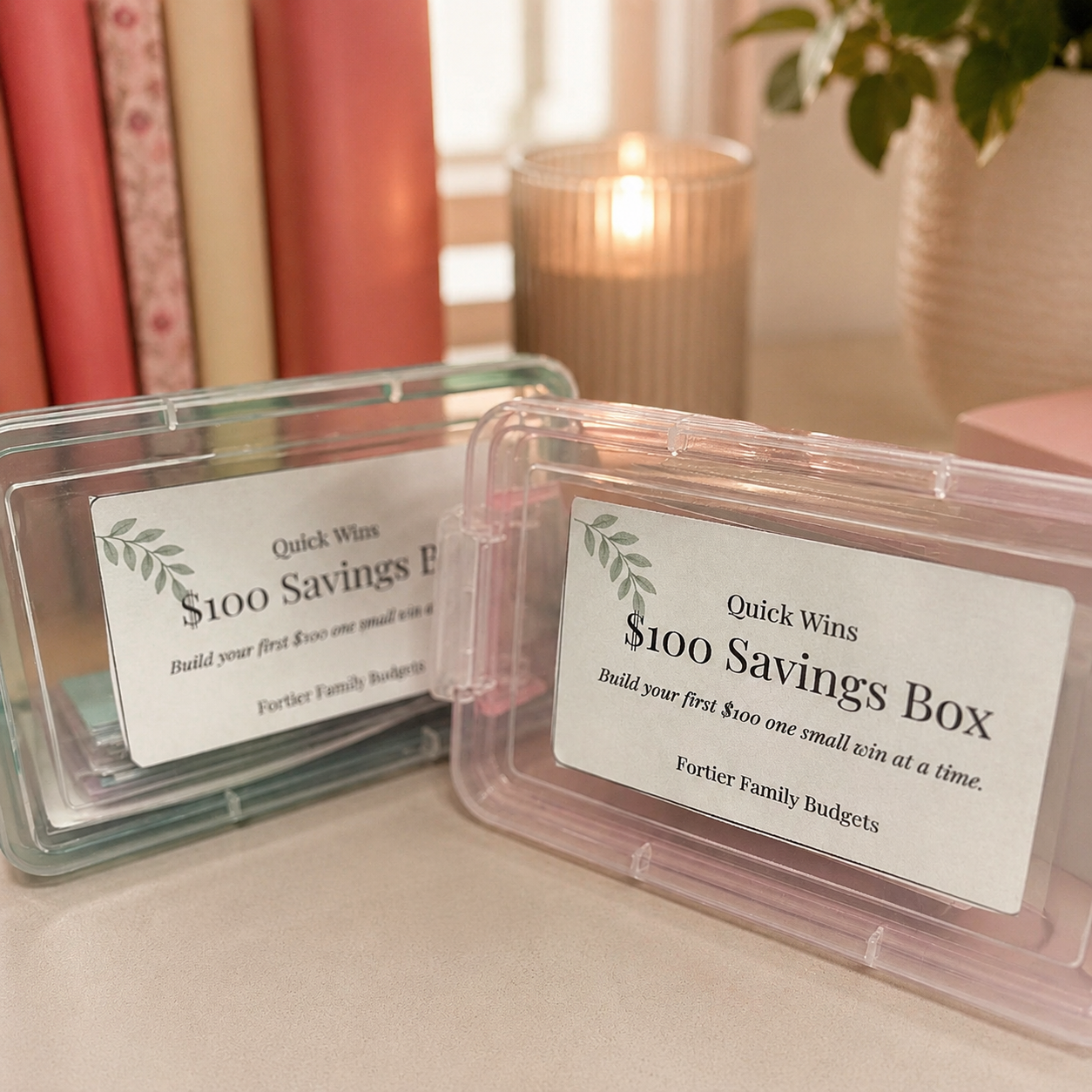 Two clear plastic savings boxes with white labels reading 'Quick Wins $100 Savings Box' and 'Fortier Family Budgets,' shown on a tabletop with books and a candle in the background.