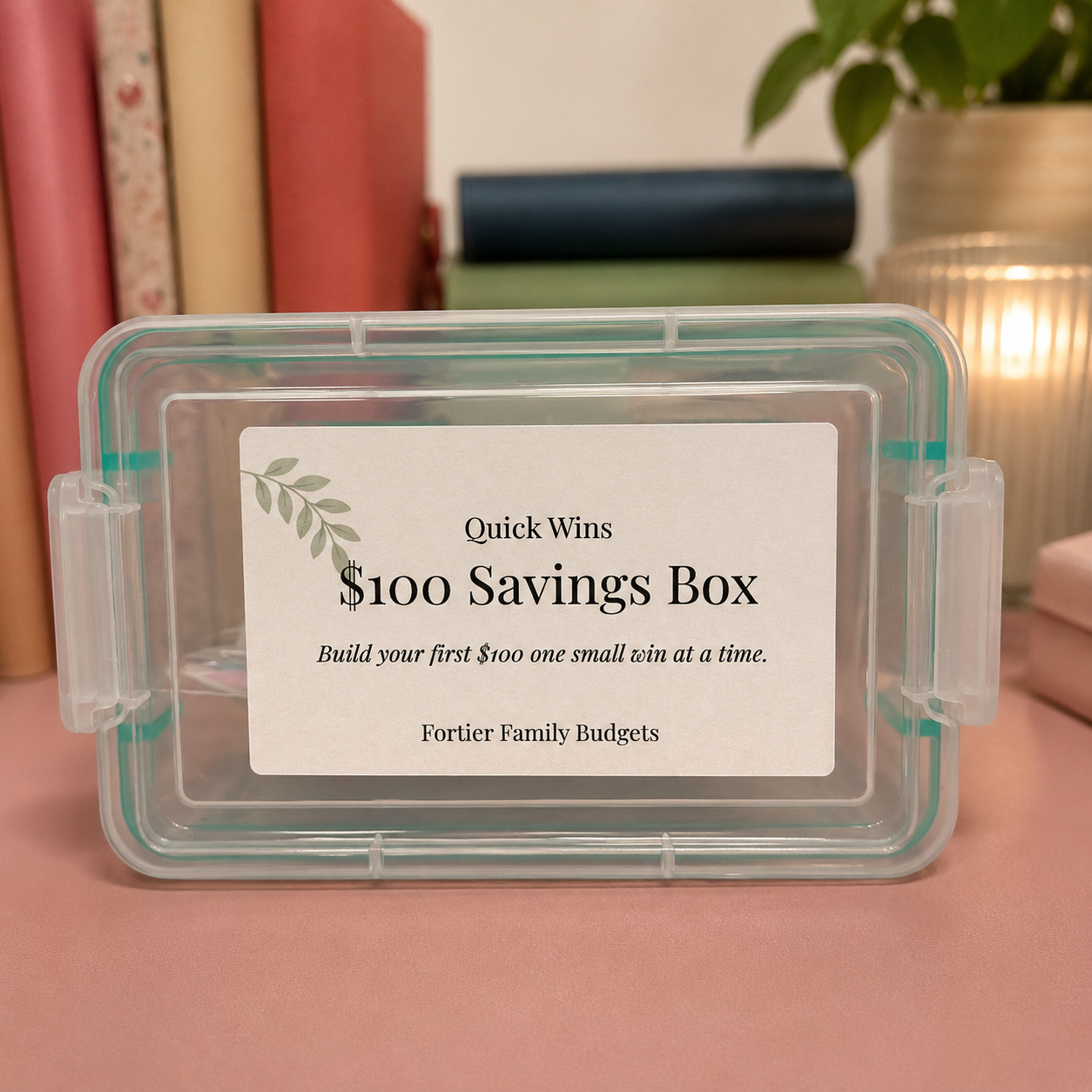 A clear plastic savings box with a white label reading '$100 Savings Box' and the brand name 'Fortier Family Budgets,' placed on a pink surface with books and a plant in the background.