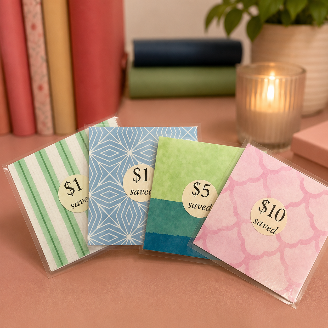 Four small plastic-wrapped savings envelopes in different colors and patterns are arranged on a pink tabletop with books, a candle, and a plant in the background. The envelopes show denominations $1, $10, $5, and $10, with the word 'saved' printed on each.