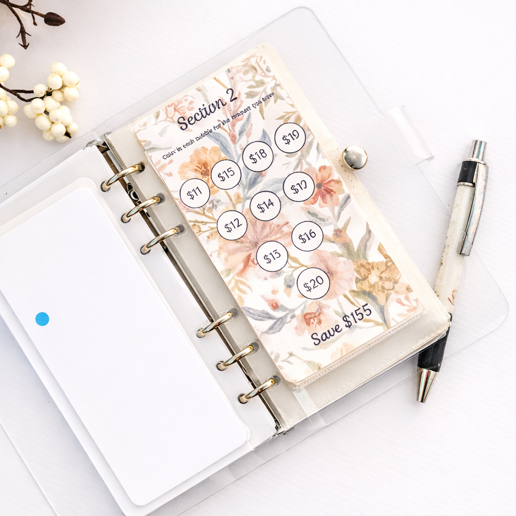Planner with floral design and money tracking stickers on a white surface