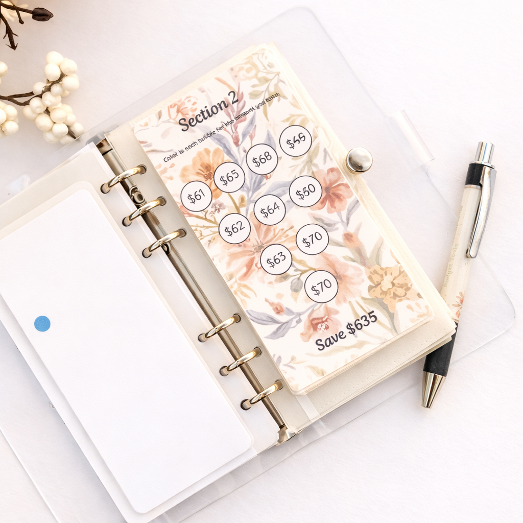 Planner with floral design and price labels on a white surface with a pen.