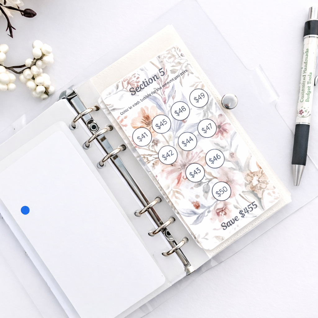 Planner with floral design stickers and a pen on a white surface