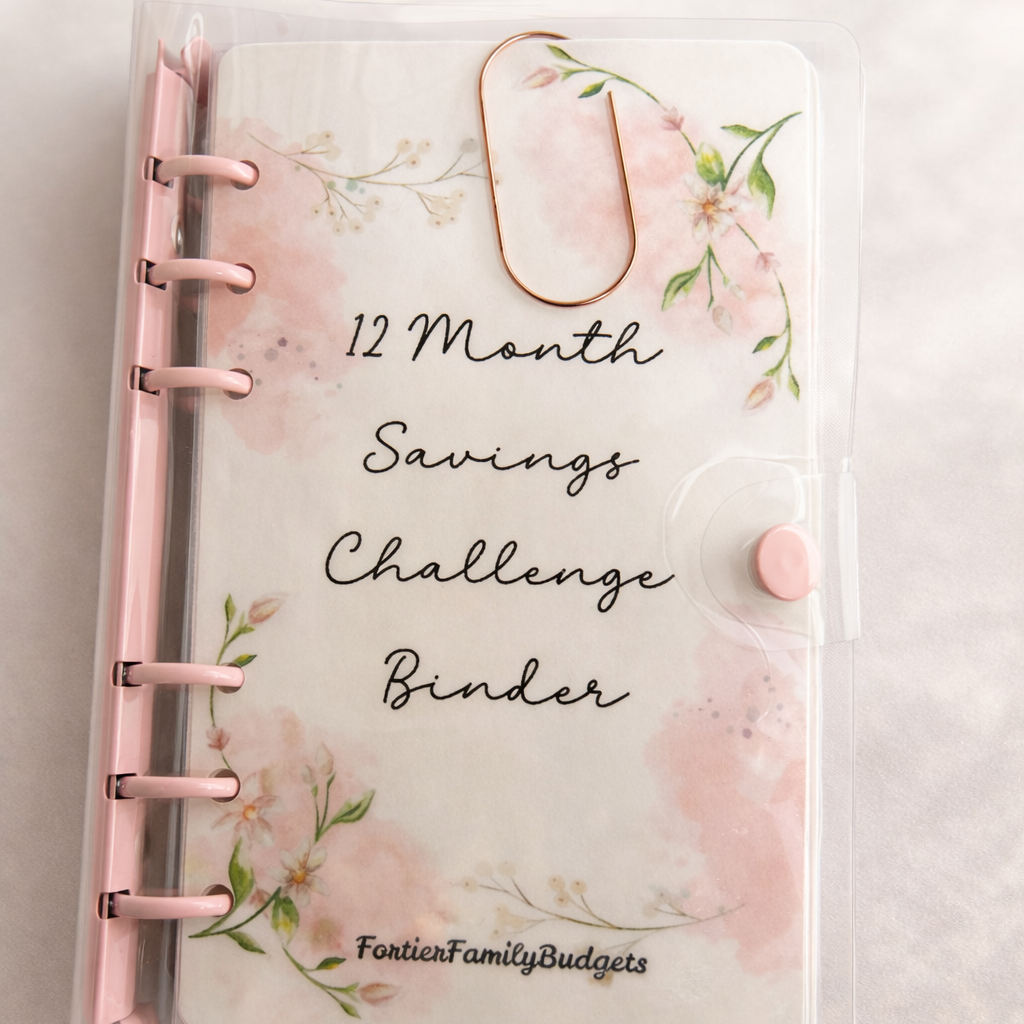 12 Month Savings Challenge Binder with floral design on a light background