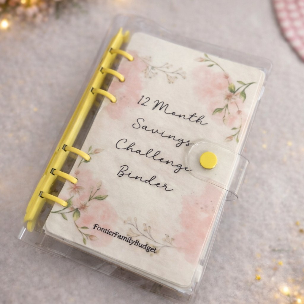 Floral-themed savings challenge binder on a decorative background with lights and flowers.