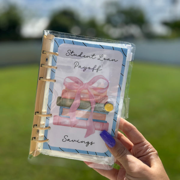 Student loan savings binder with labeled envelopes, motivational inserts, and a sleek customizable cover — designed to help track and pay off student debt one step at a time.