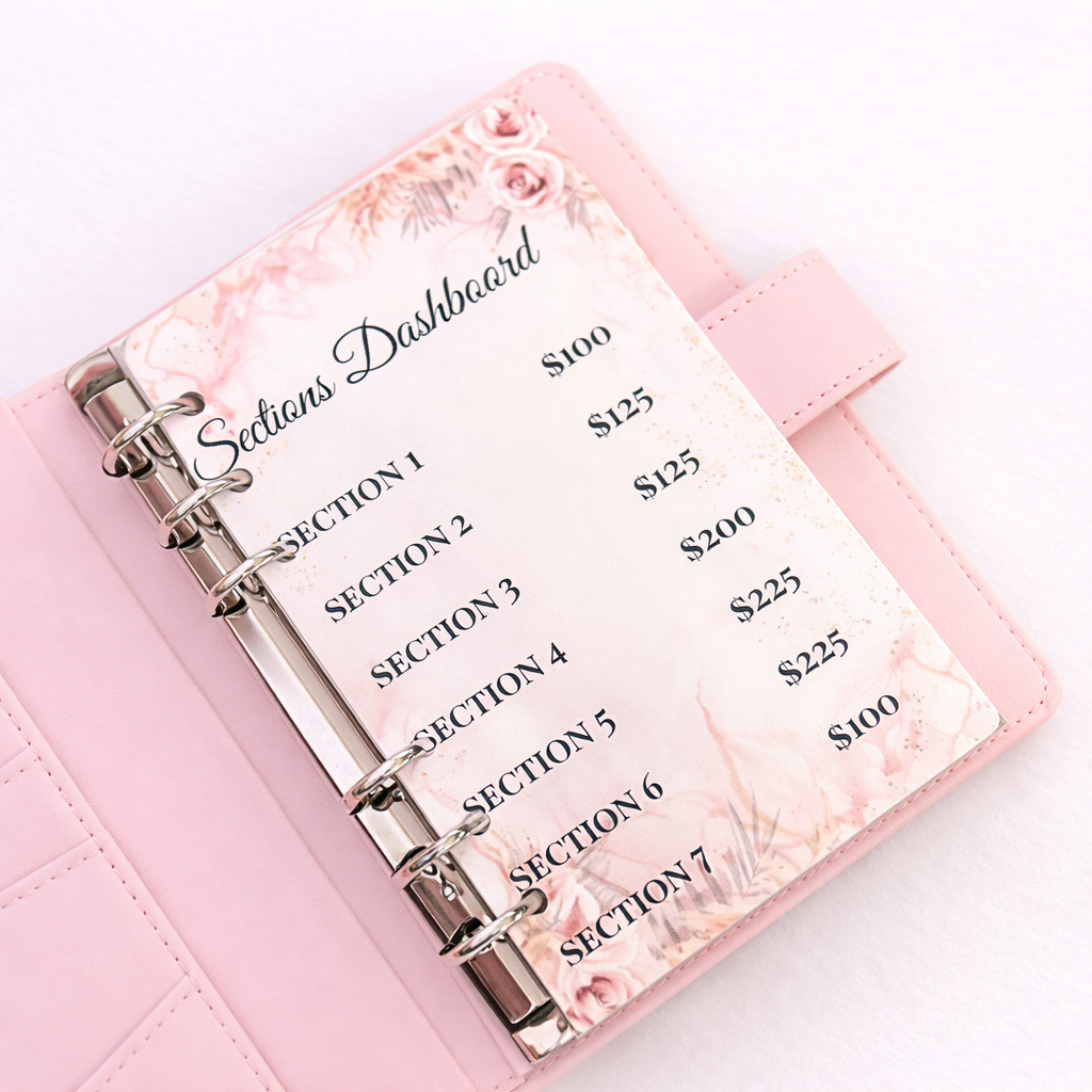 Pink dashboard organizer with sections and price labels on a white background
