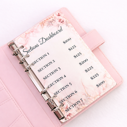Pink dashboard organizer with sections and price labels on a white background