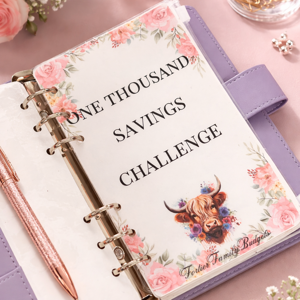 Planner with 'One Thousand Savings Challenge' design on a pink surface with flowers and candles.
