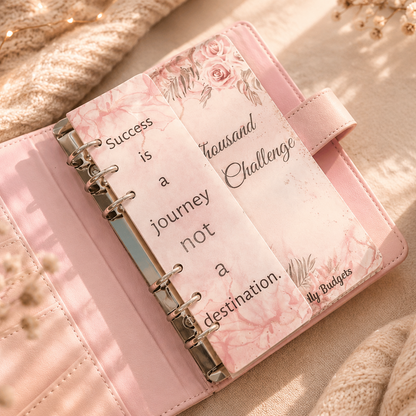Pink planner with motivational quote on a soft background with flowers and a candle