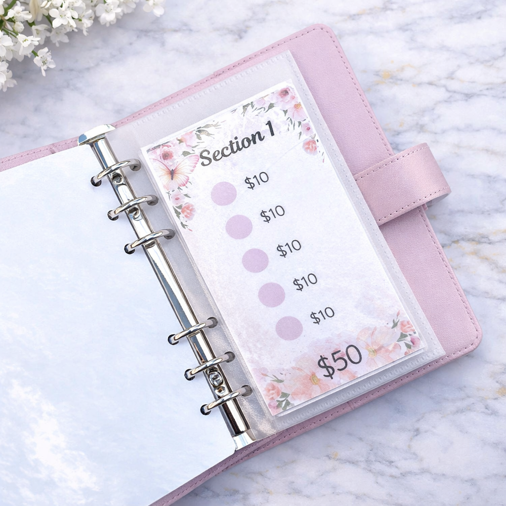Pink planner with floral design on a marble surface