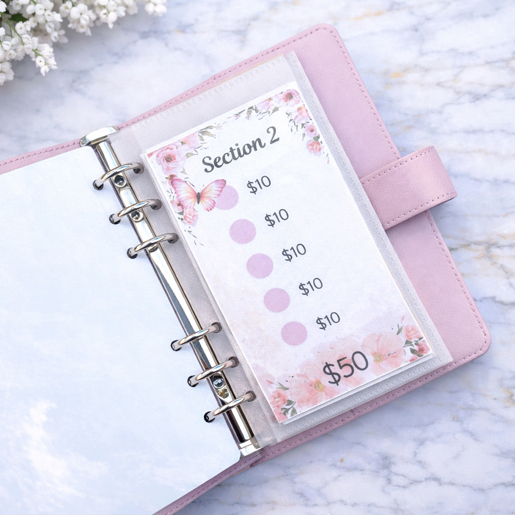 Pink planner with floral design on a marble surface