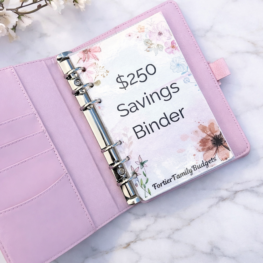 $250 savings challenge binder for beginner families - Fortier Family Budgets