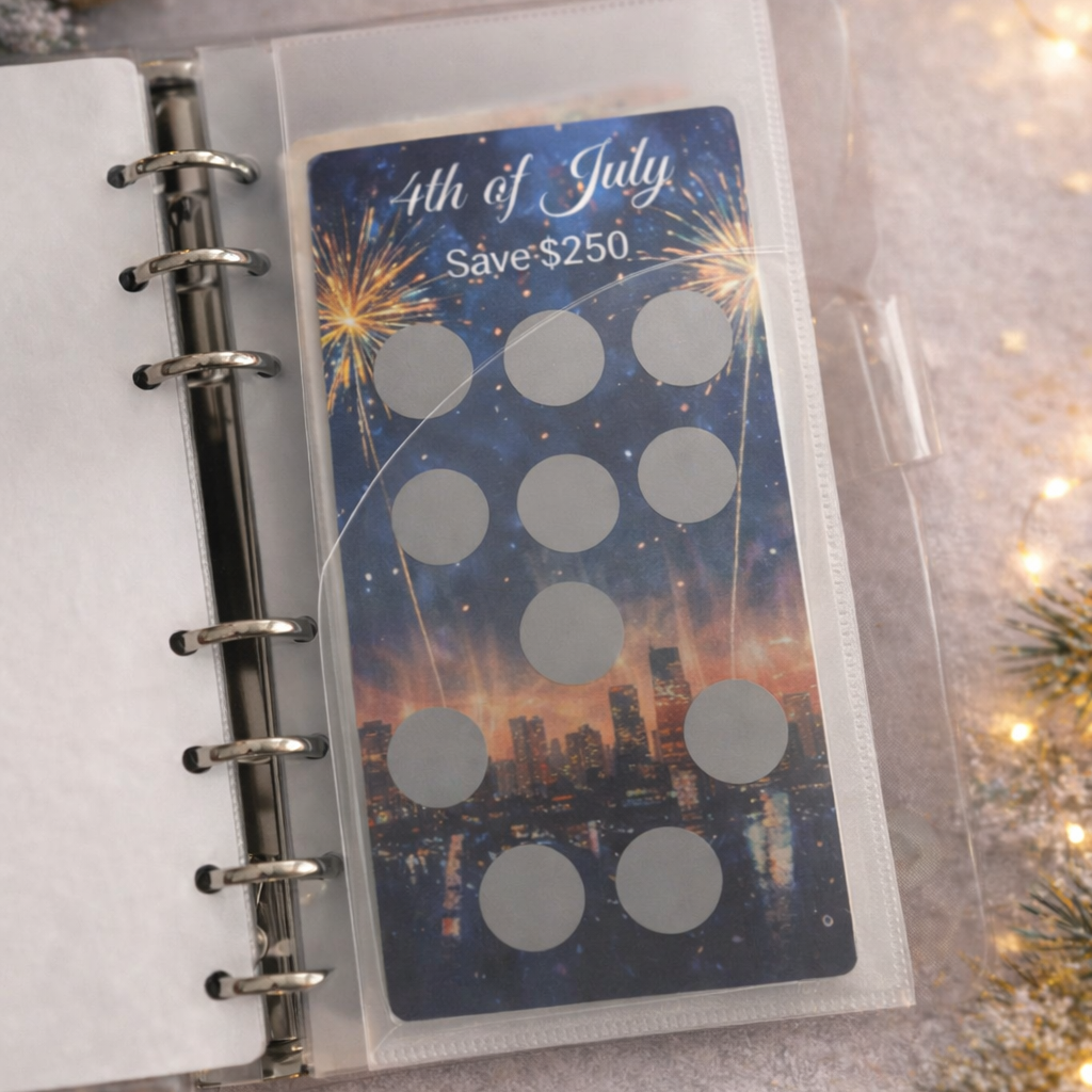 Savings tracker with July 4th design on a planner page, surrounded by festive lights and decorations.