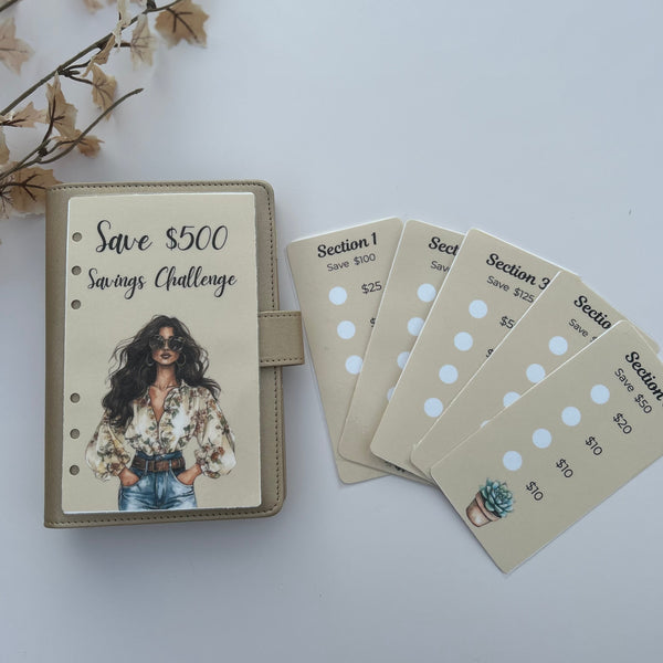 Savings challenge wallet with cards on a white background