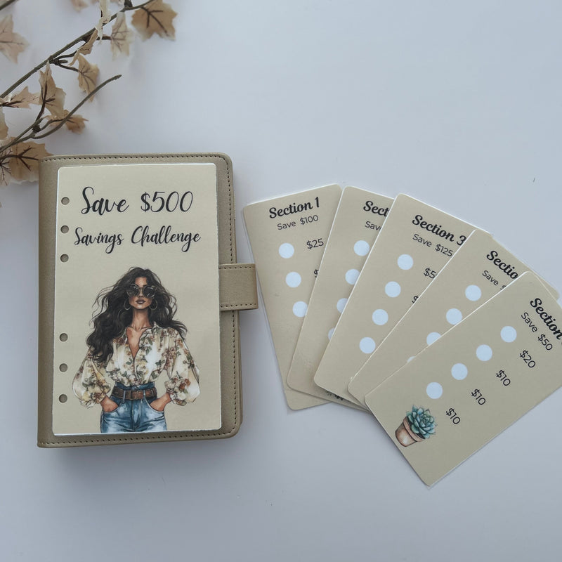 Savings challenge wallet with cards on a white background