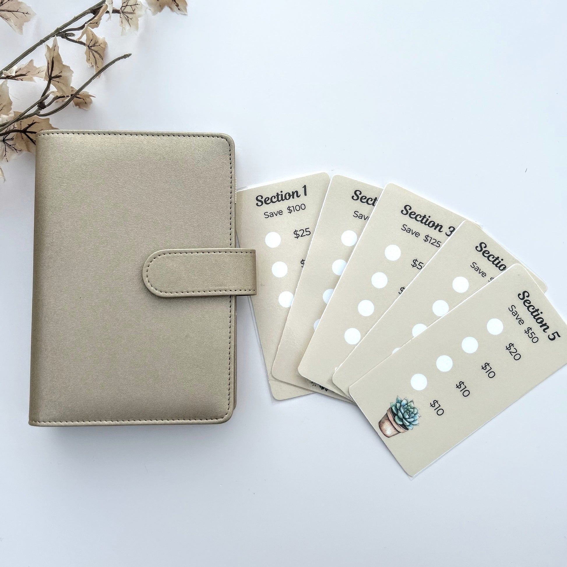 Beige planner with five discount cards on a white background