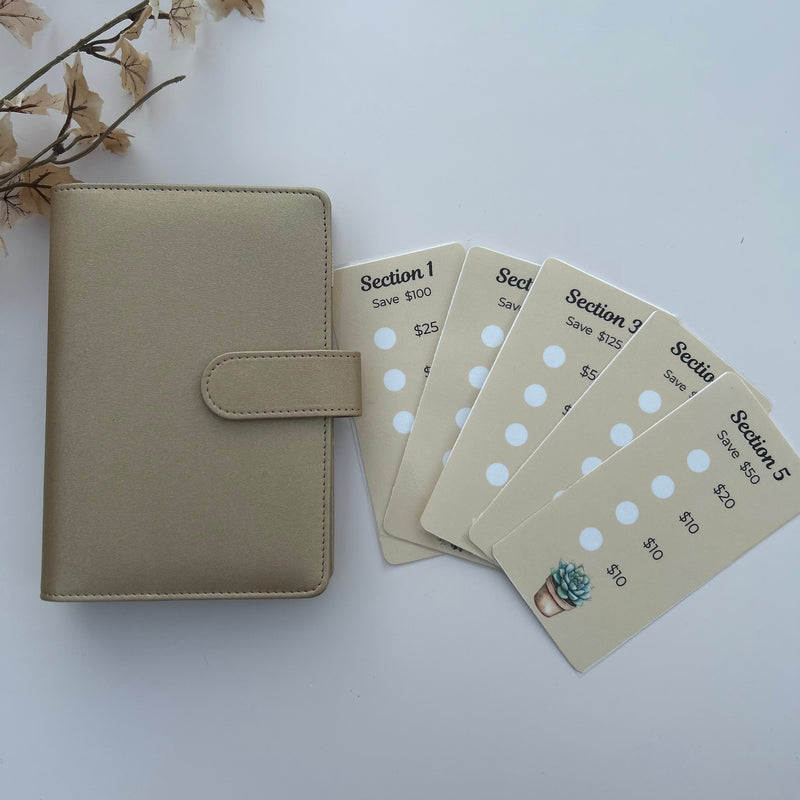 Beige planner with polka dot cards on a white background