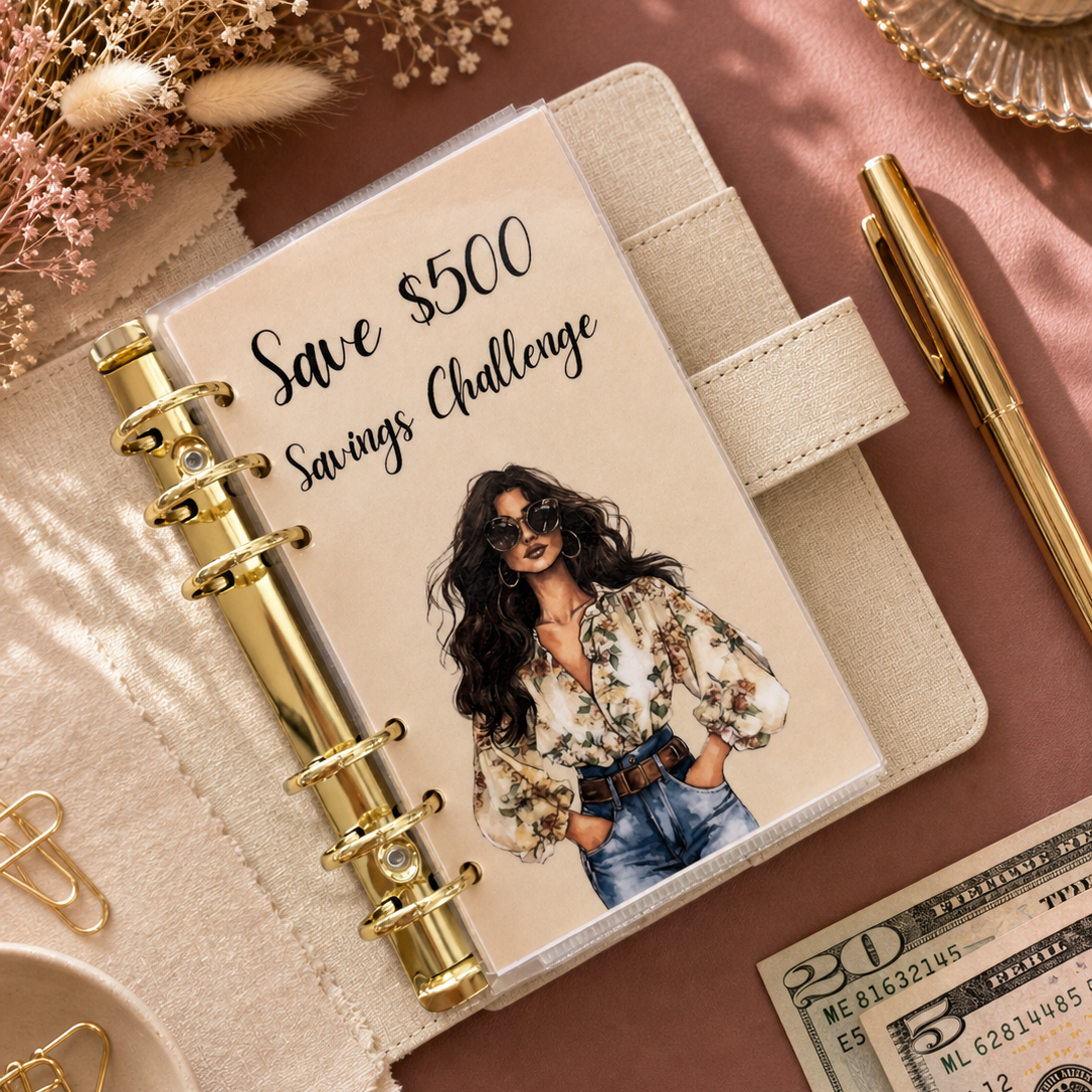 Planner with 'Save $500 Savings Challenge' design featuring a woman, surrounded by decorative items on a pink surface.