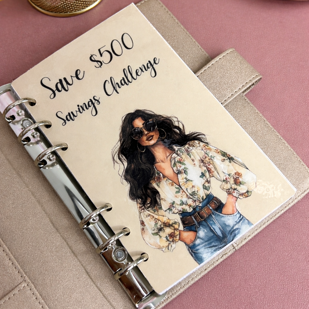 Savings challenge planner with a woman's photo and text on a pink surface