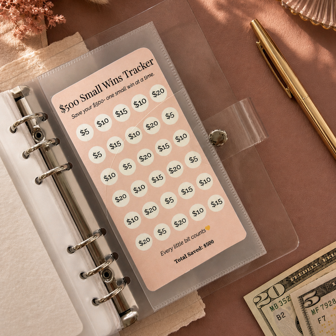 Small wins tracker in a planner with money and a pen on a desk
