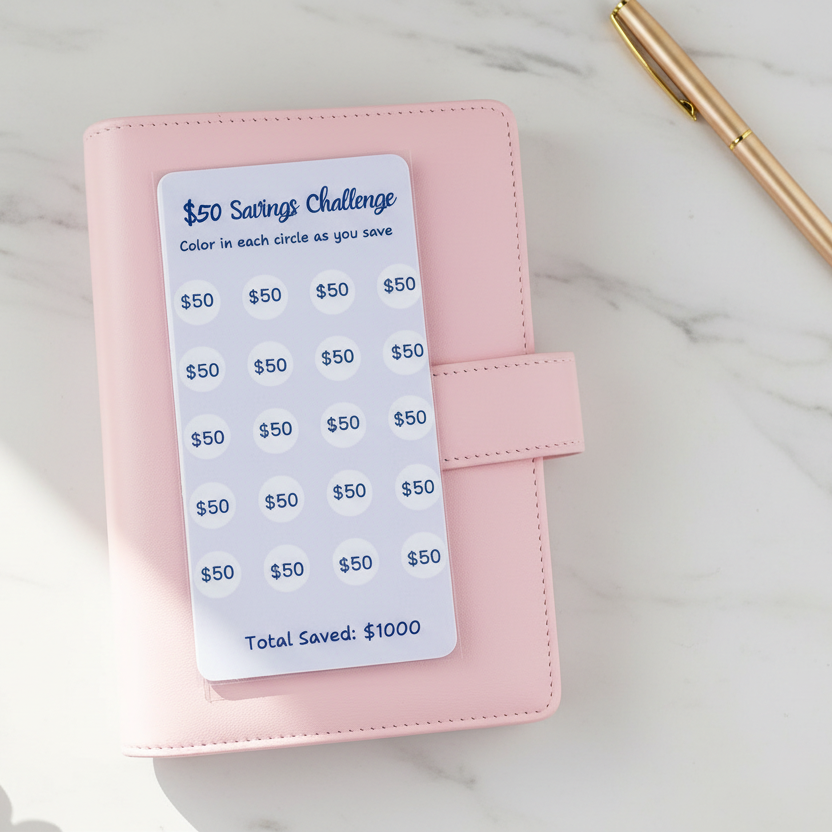 Pink savings challenge tracker with a pen on a marble surface