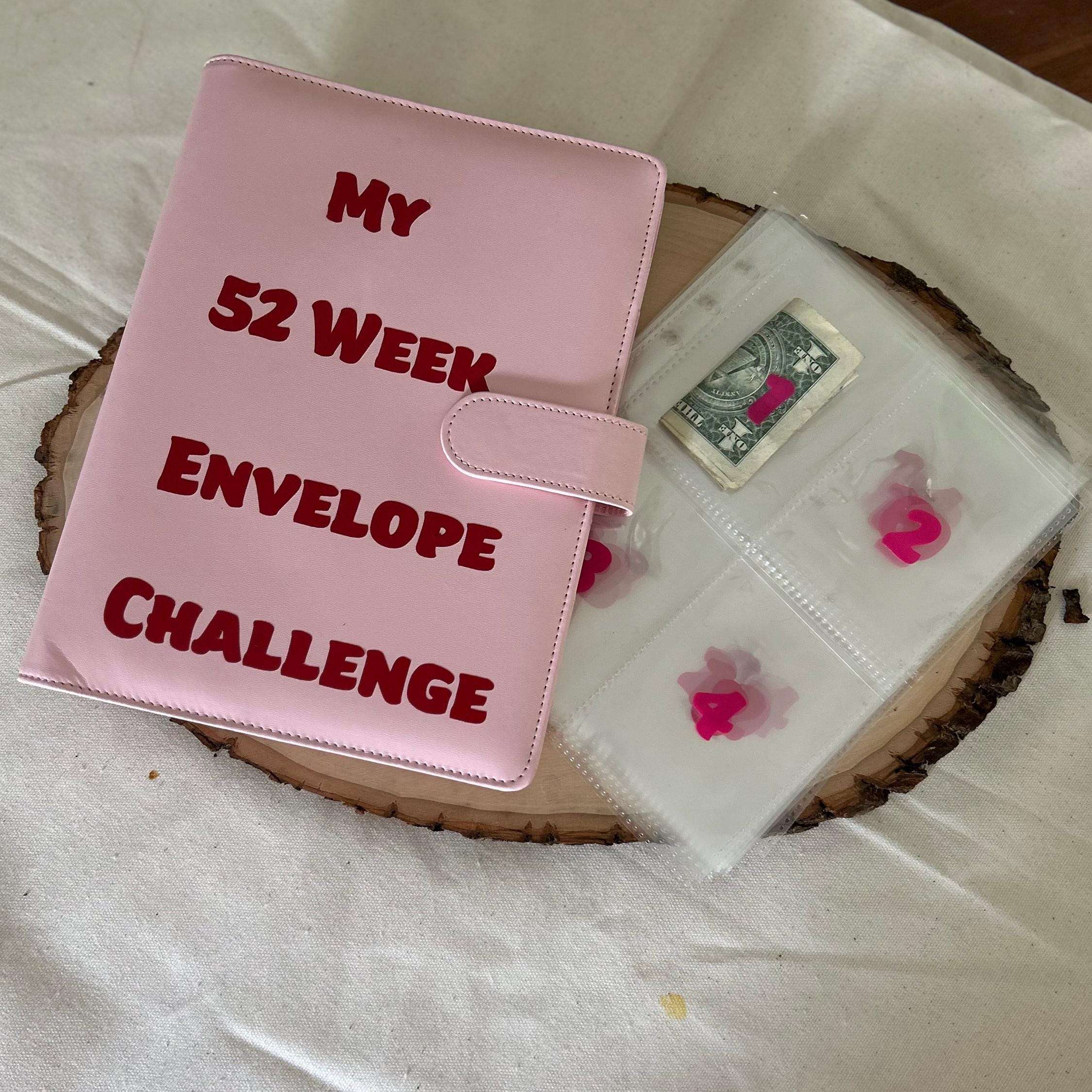 Organized 52 Week Savings Challenge binder featuring labeled envelopes and a savings tracker, perfect for budgeting enthusiasts to manage weekly savings and reach financial goals systematically.