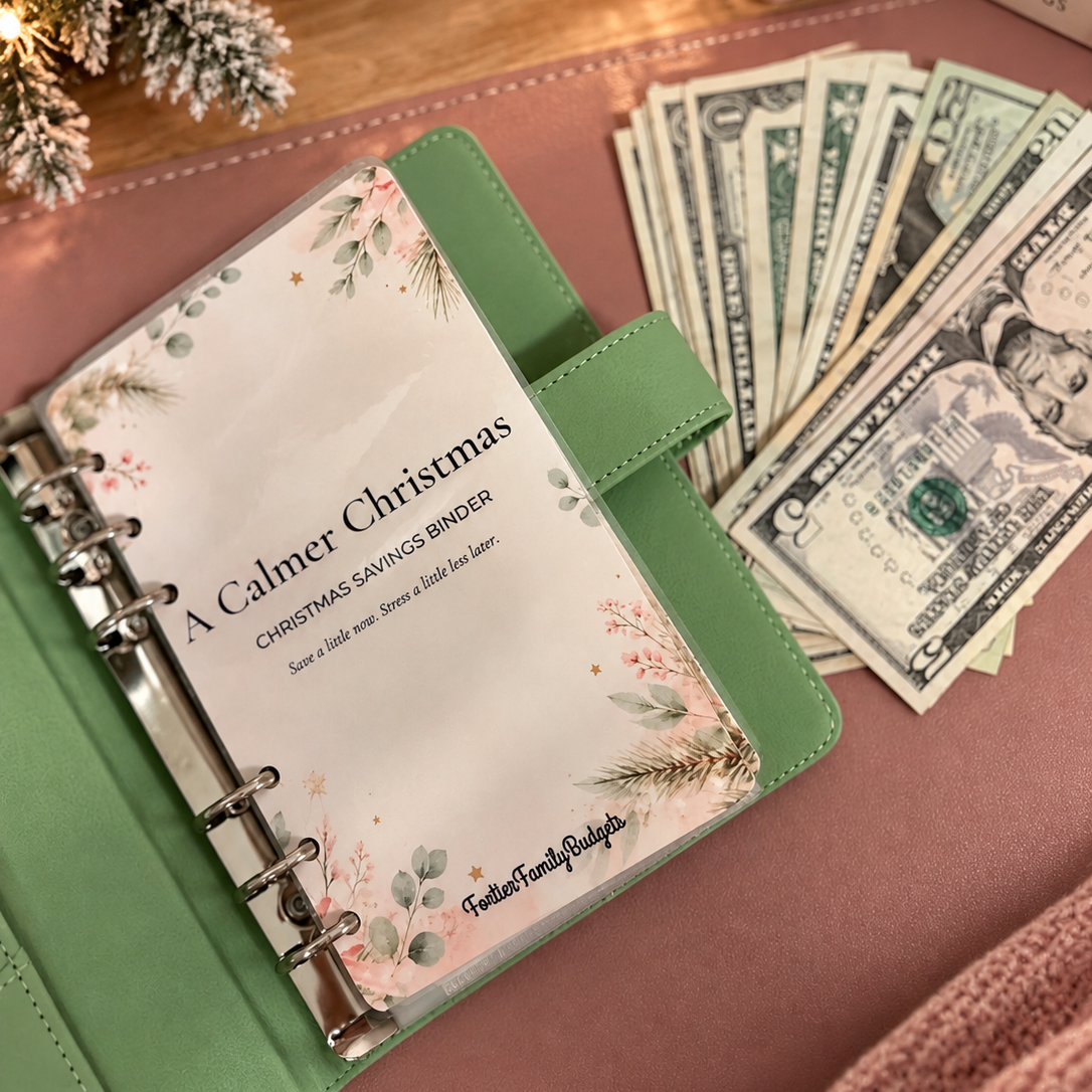 A green ring-bound binder with a floral insert page reading 'A Calmer Christmas' is styled on a pink surface with U.S.