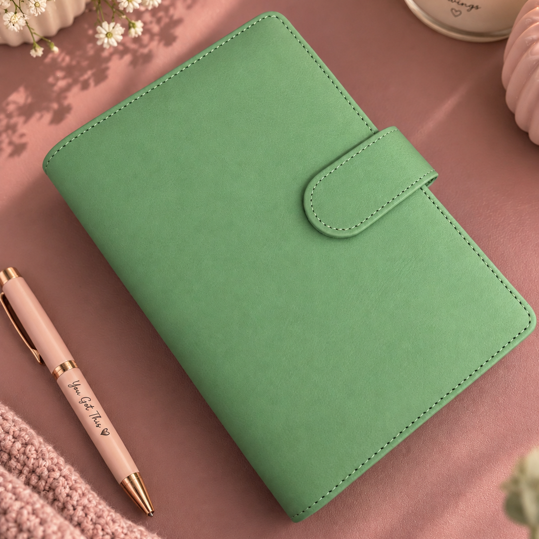 A green planner or notebook cover with a snap tab closure, styled on a pink surface with a pink pen nearby.