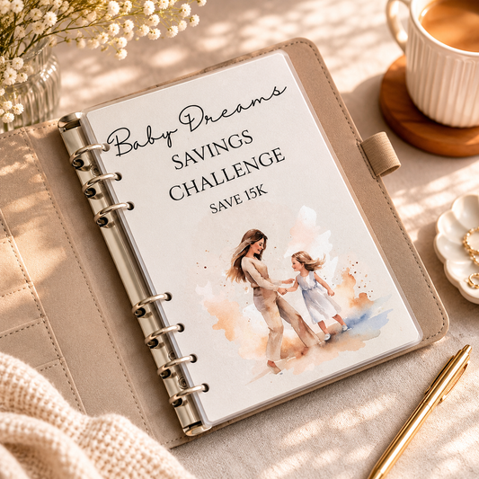 Baby Dreams Savings Challenge notebook on a table with a cup of coffee and flowers.
