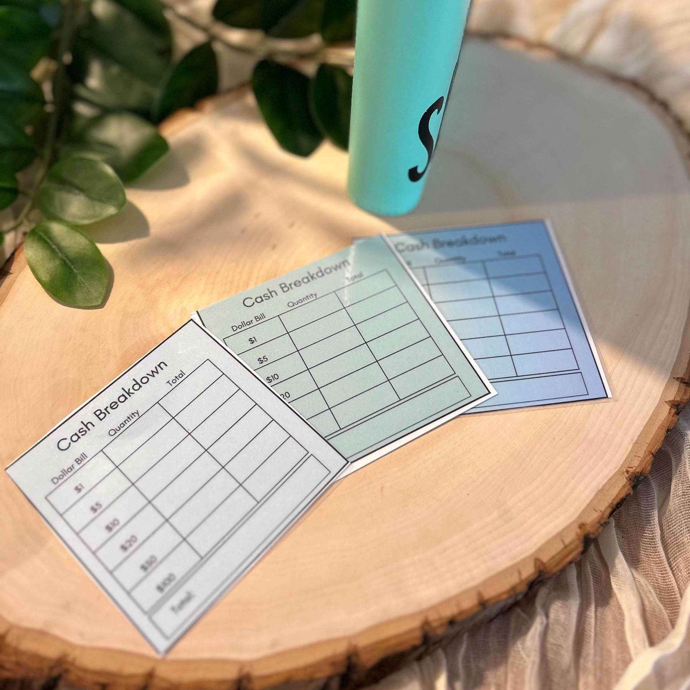 Laminated cash breakdown bank slip cards featuring clear, organized sections for tracking and categorizing cash denominations, perfect for budgeting and managing cash envelopes with durability and ease.