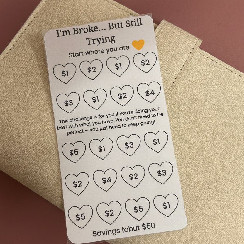 Motivational card with heart shapes and dollar amounts on a beige background