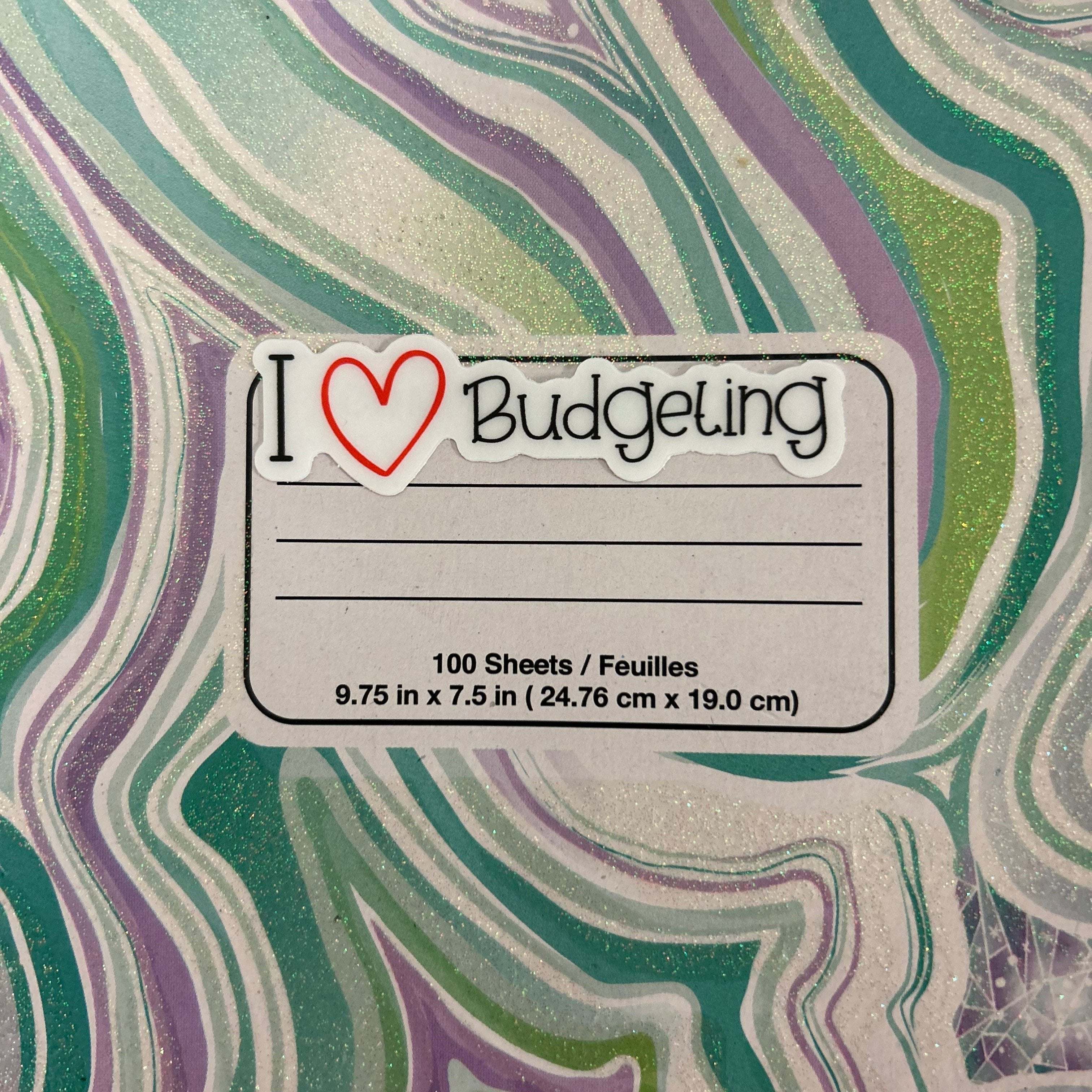 This Custom sticker that is colorful 'I Love Budgeting' sticker featuring bold, playful lettering with a heart icon, perfect for planners, laptops, or journals to show off a love for financial planning and money management.