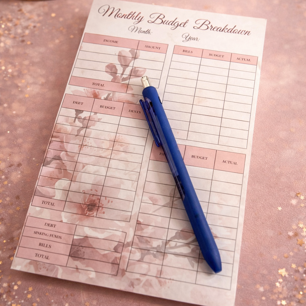 Floral-themed monthly budget breakdown sheet with a pen on a glittery surface.