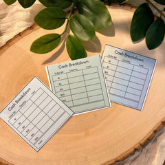 Laminated cash breakdown bank slip cards featuring clear, organized sections for tracking and categorizing cash denominations, perfect for budgeting and managing cash envelopes with durability and ease.