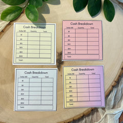 Laminated cash breakdown bank slip cards featuring clear, organized sections for tracking and categorizing cash denominations, perfect for budgeting and managing cash envelopes with durability and ease.