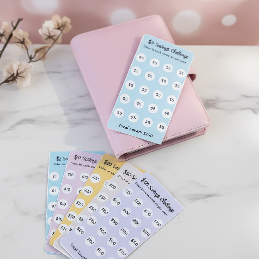 Colorful '5$ Savings Challenge' cards on a light blue background