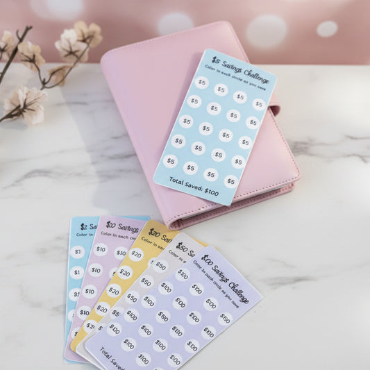 Colorful '5$ Savings Challenge' cards on a light blue background