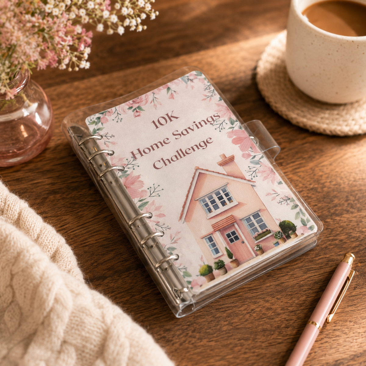 Notebook titled '10K Home Savings Challenge' on a wooden table with a cup of coffee and flowers.