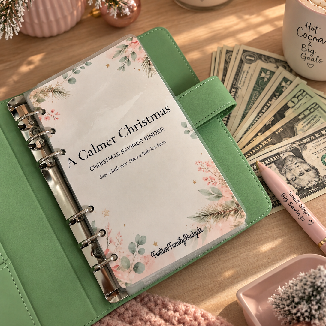 A green ring-bound binder notebook open on a wooden table, displaying a printed Christmas savings tracker page. The scene is styled with holiday decor, including a lit candle, a mug of hot cocoa, dollar bills, and a pink knit blanket.