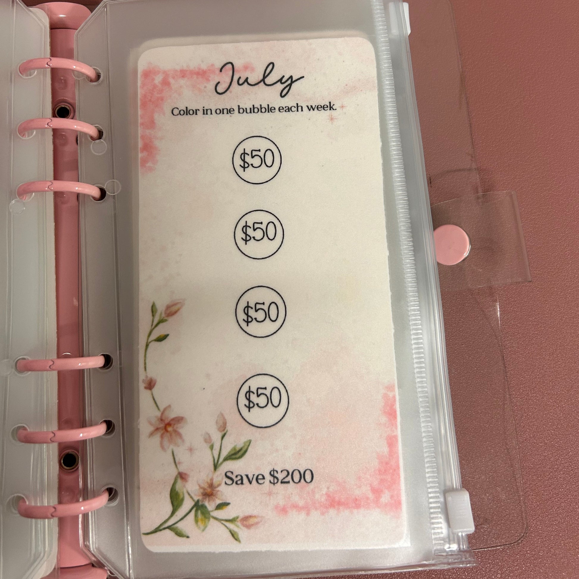 Planner with money tracking stickers in a clear plastic case on a pink background
