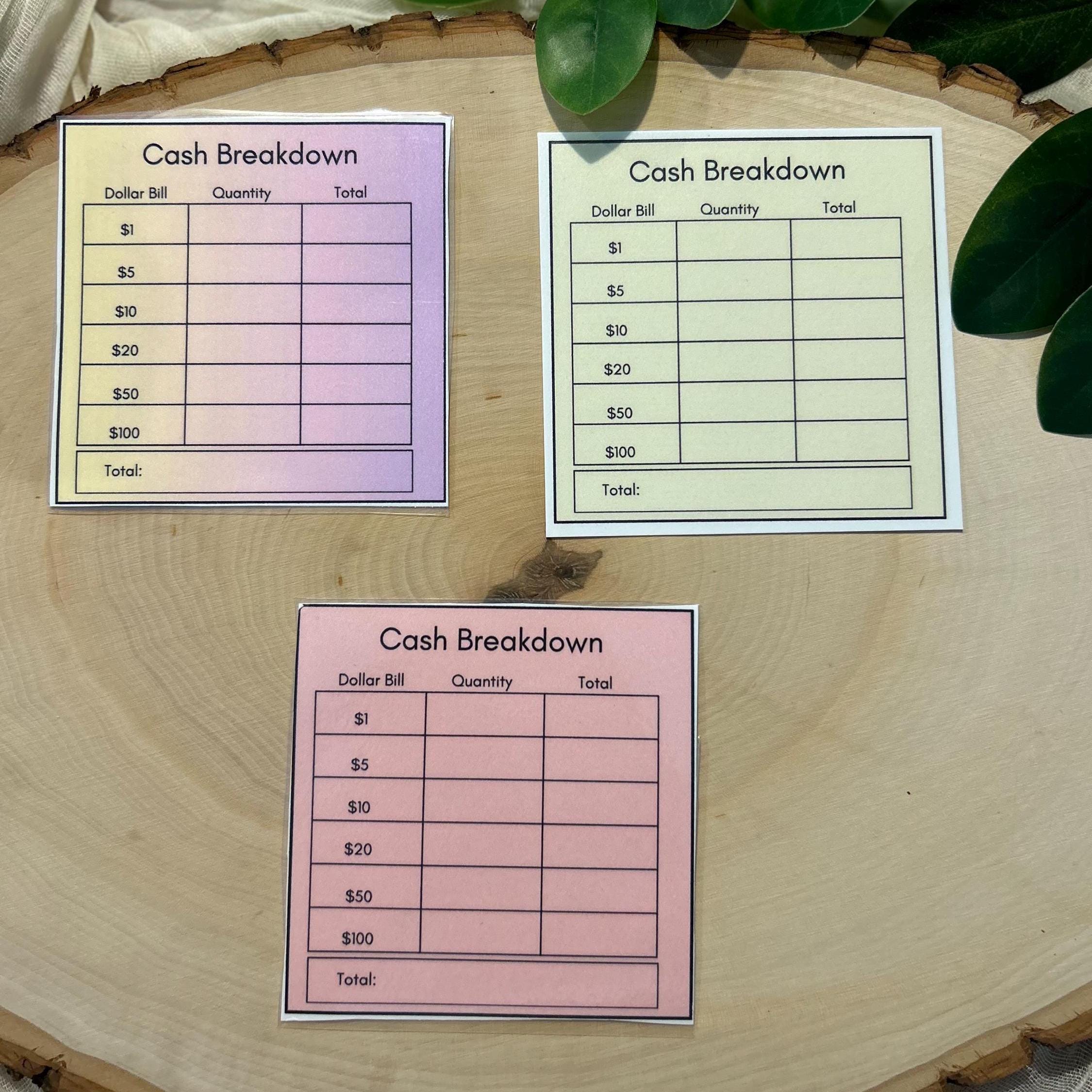 Laminated cash breakdown bank slip cards featuring clear, organized sections for tracking and categorizing cash denominations, perfect for budgeting and managing cash envelopes with durability and ease.